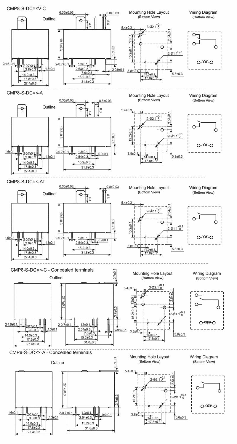 hke cmp8 5v 6v 9v 12v 24v 48vdc 1 form a and c contact pcb or quick connect terminal power relay 6