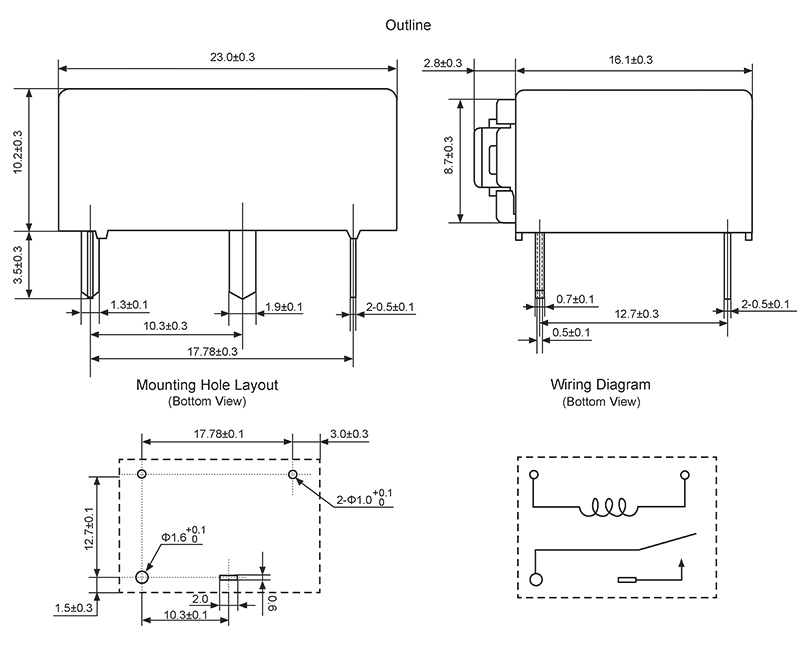 hke v6t 3v 5v 6v 9v 12v 24v 48vdc 1 form a contact flat type power relay 3